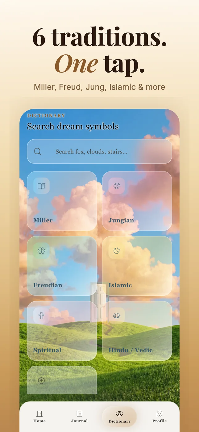 Somniar dictionary search screen with multiple dream symbol meanings.